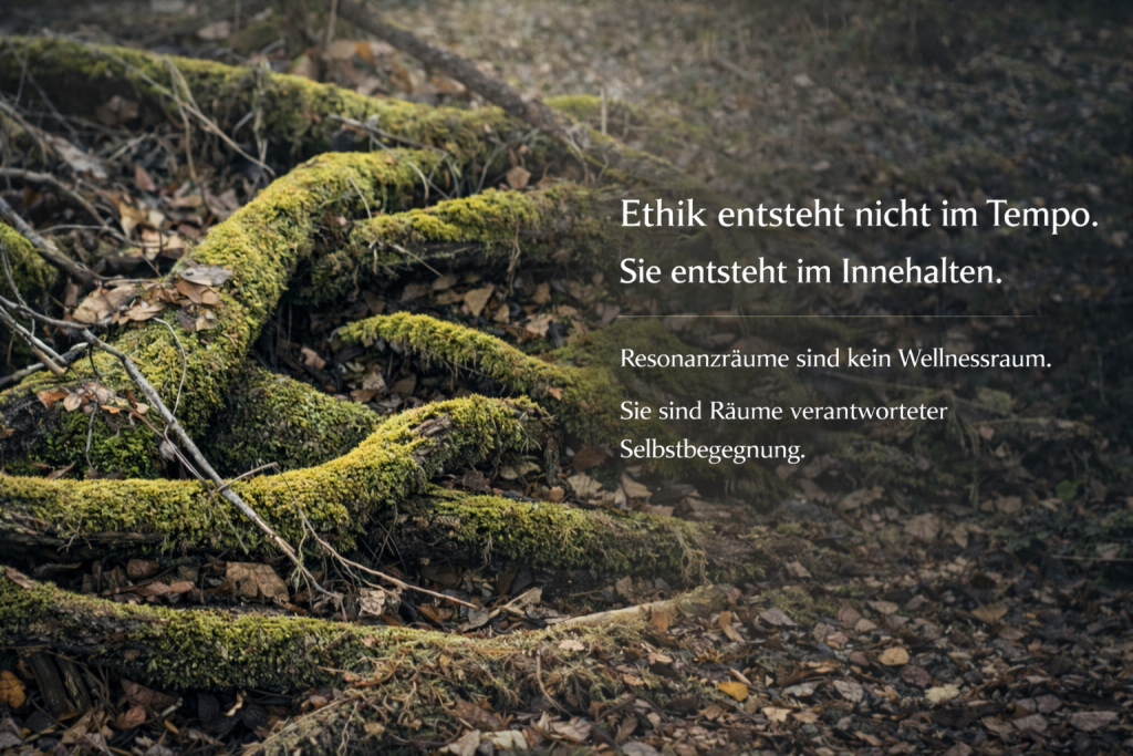Moosüberzogene Baumwurzeln im Waldboden, die Verwurzelung und Innehalten symbolisieren, begleitet von Text über verantwortungsvolle Selbstbegegnung.