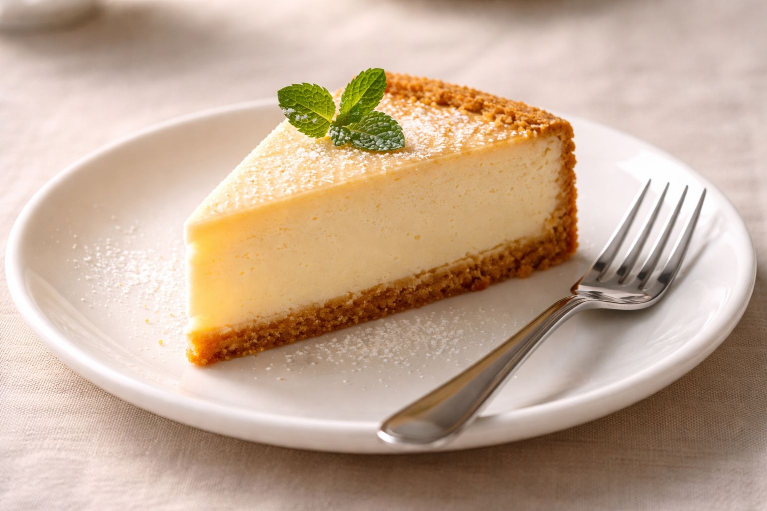 Ein einzelnes Stück Käsekuchen liegt auf einem weißen Teller, daneben eine kleine Kuchengabel. Der Kuchen hat eine helle, cremige Füllung und einen goldbraunen Boden. Das Licht ist weich und warm, der Hintergrund ruhig und neutral, wodurch der Fokus ganz auf dem einfachen, stillen Moment des Kuchens liegt. Wenn du möchtest, kann ich noch eine zweite Version schreiben, die stärker die symbolische Ebene anspricht – also subtil die Spannung zwischen „Liebe“ und „Käsekuchen“ andeutet, ohne kitschig zu werden.