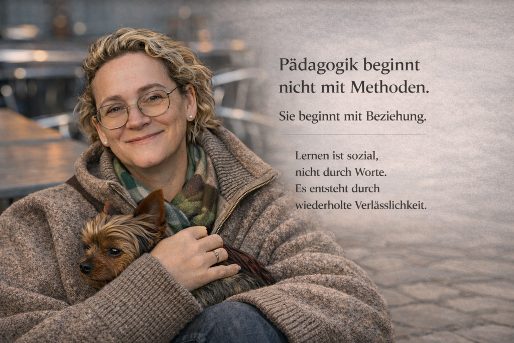 Porträt einer lächelnden Frau mit Brille, die einen kleinen Hund im Arm hält, neben einem Zitat über Pädagogik und Beziehung.