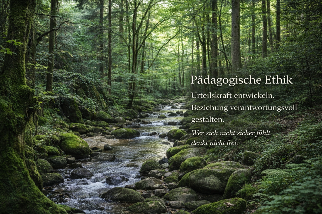 Ruhiger Waldbach im grünen Wald mit Text über Urteilskraft und verantwortungsvolle pädagogische Beziehung